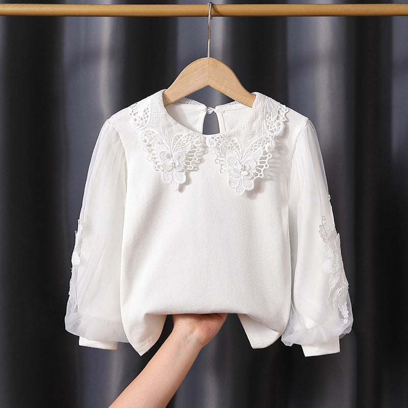 Mädchen modische Bluse mit eleganten Tüllärmeln und kunstvoller Spitzenverzierung Drune