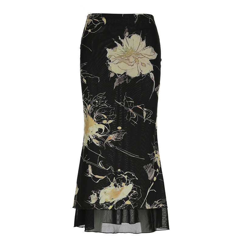 Damen Eleganter Maxirock mit floralem Muster und transparentem Untergrund Drune