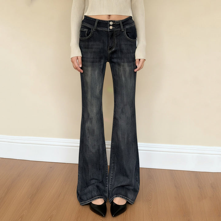 Damen Hochtaillierte Schlagjeans mit weitem Bootcut und doppeltem Knopfverschluss Drune