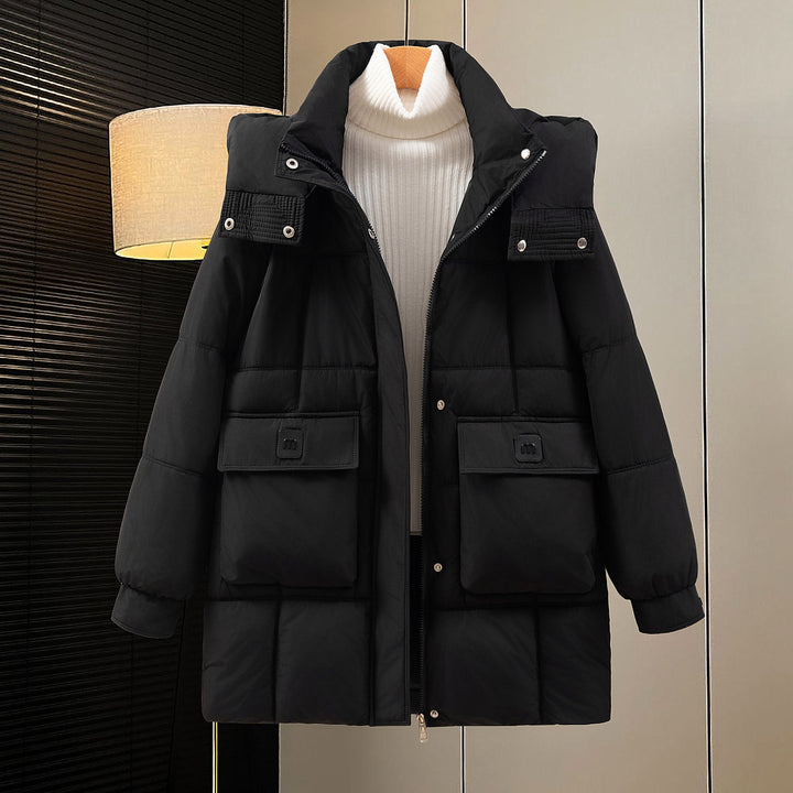 Damen funktionelle und stilvolle Winterjacke mit Taschen und Kapuze Drune