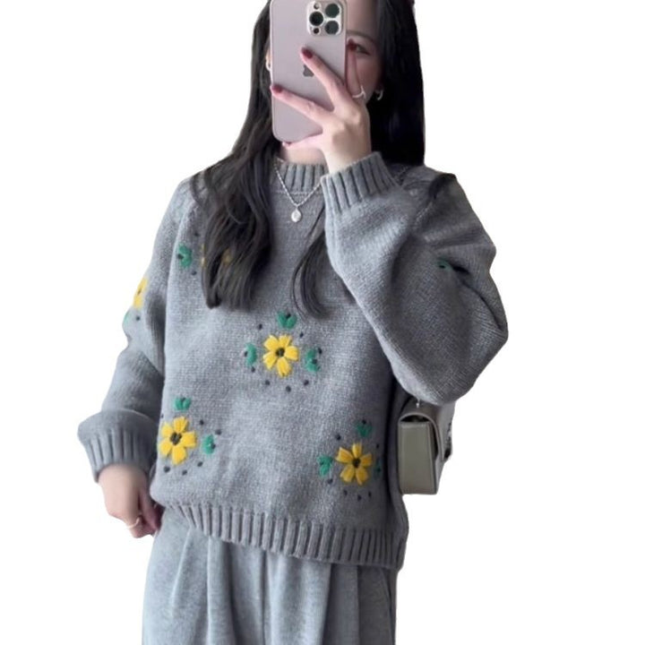 Damen Strickpullover mit floralen Applikationen Drune