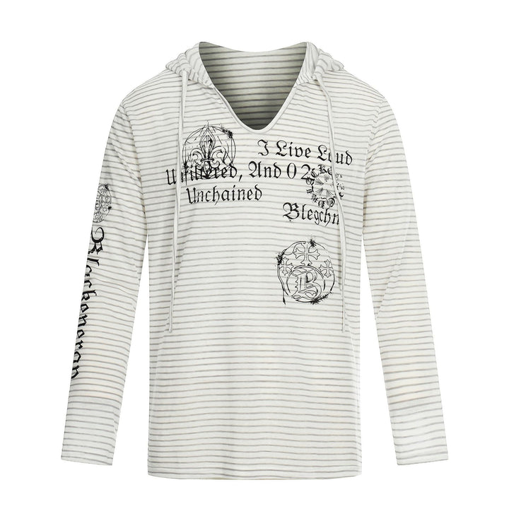 Damen Leichtes Kapuzen-Longsleeve mit V-Ausschnitt, Streifenmuster und Vintage-Print Drune