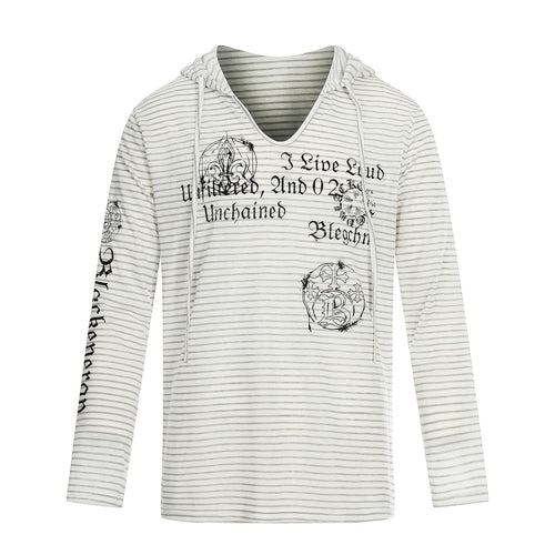 Damen Leichtes Kapuzen-Longsleeve mit V-Ausschnitt, Streifenmuster und Vintage-Print Drune