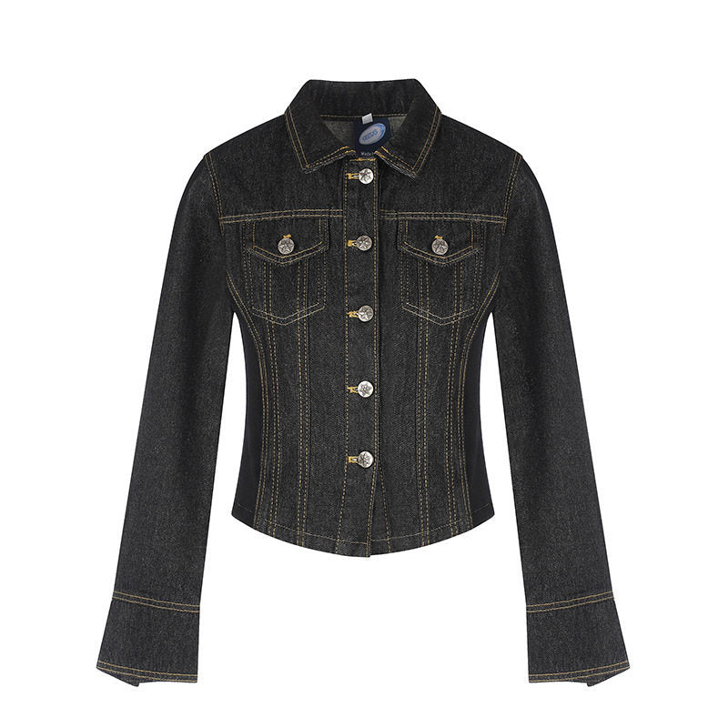 Damen taillierte Cropped-Jeansjacke mit Formnähten, Brustpatten und Schmuckknöpfen Drune