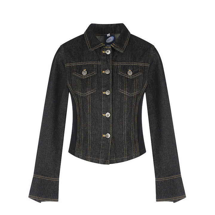 Damen taillierte Cropped-Jeansjacke mit Formnähten, Brustpatten und Schmuckknöpfen Drune