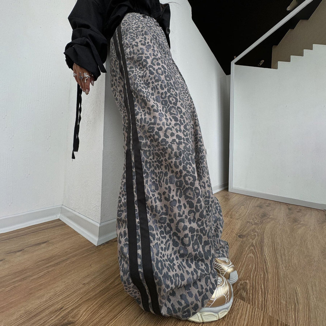 Damen weite Leoparden-Trackpants mit elastischem Bund und seitlichen Kontraststreifen Drune