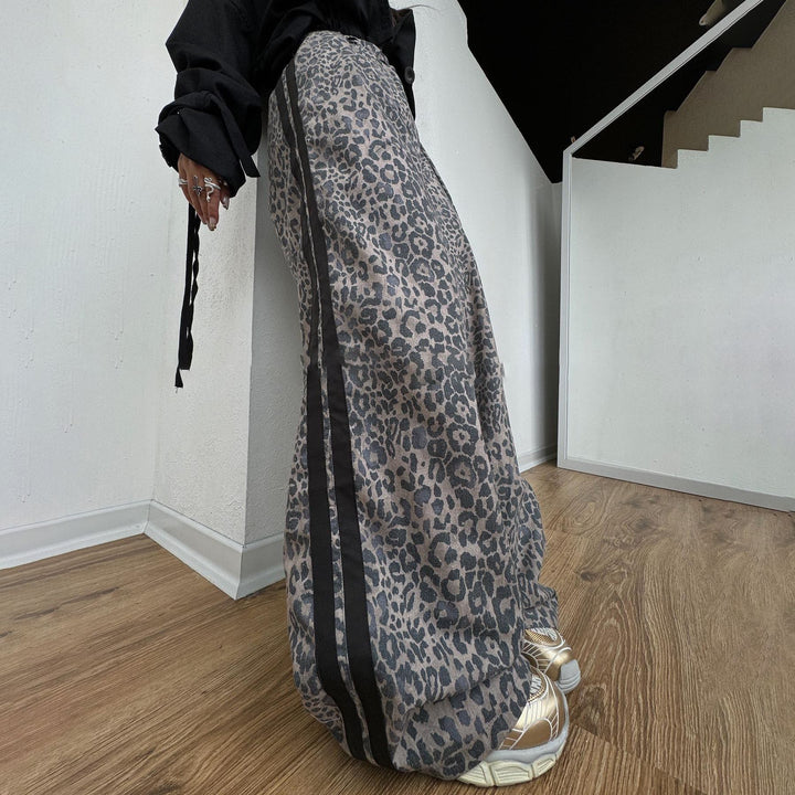 Damen weite Leoparden-Trackpants mit elastischem Bund und seitlichen Kontraststreifen Drune