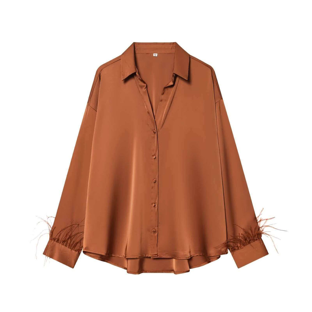 Damen Satinbluse mit eleganten Federverzierungen Drune