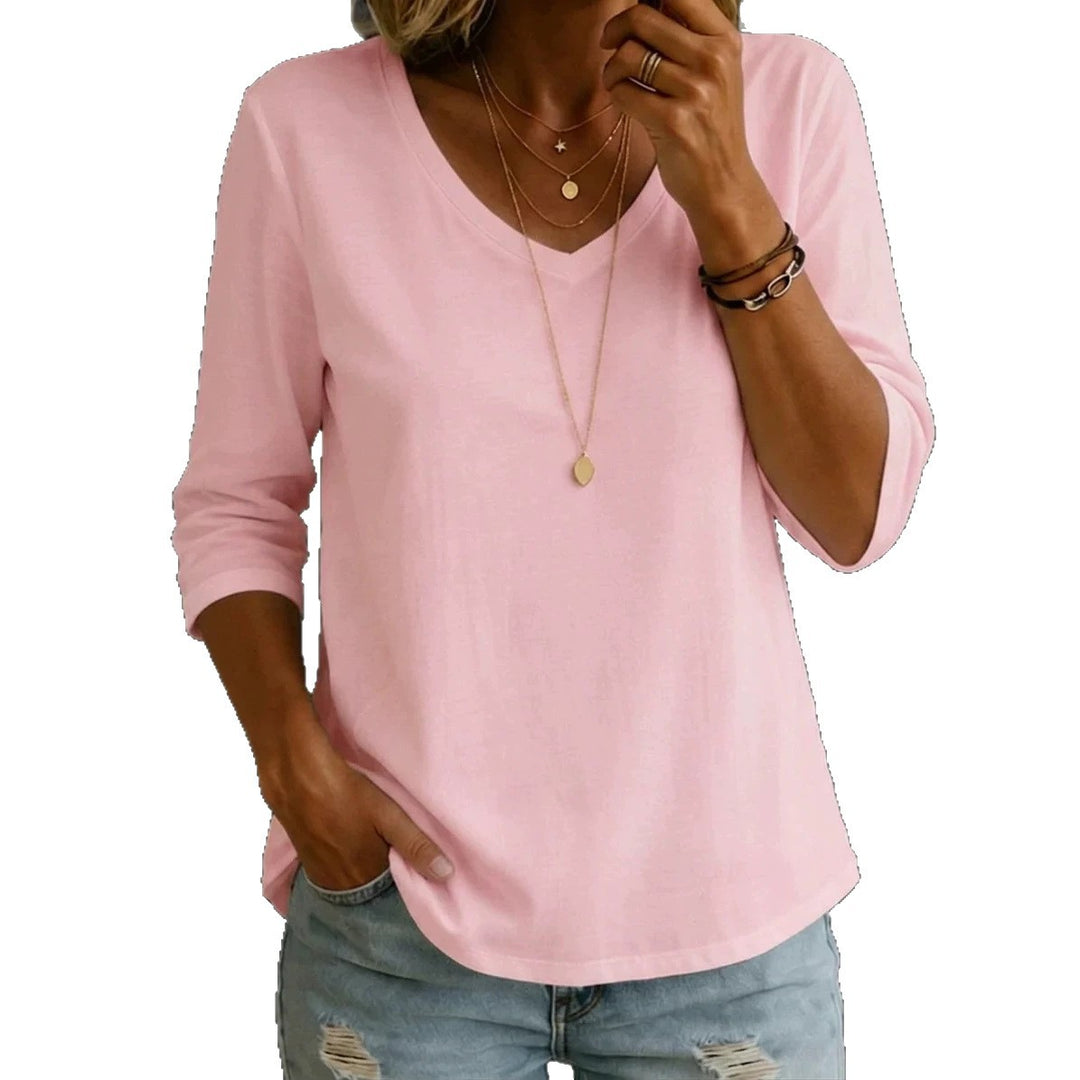 Damen Lockeres V-Ausschnitt-Shirt mit 3/4-Ärmeln und gerundetem Saum Drune