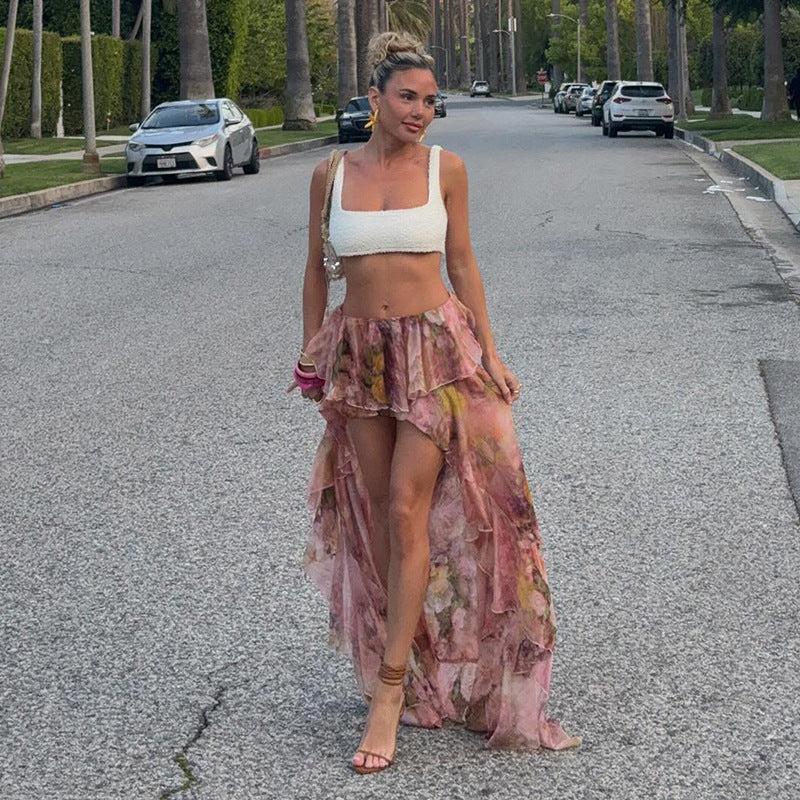 Damen floraler asymmetrischer Rock mit Rüschendetails Drune