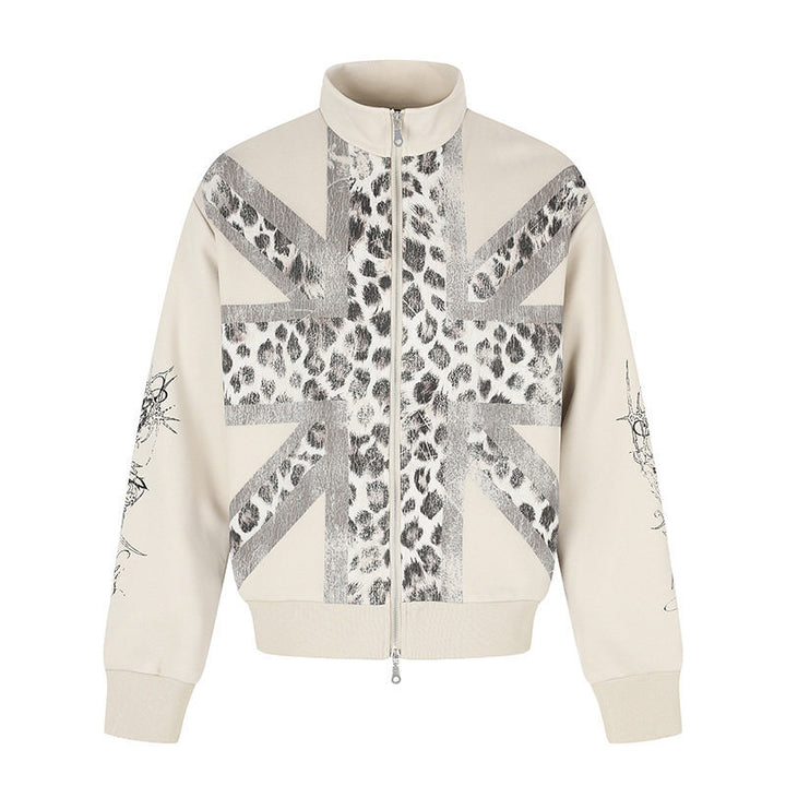 Damen Zip-Sweatjacke mit Stehkragen und Leoparden‑Union‑Jack‑Print Drune