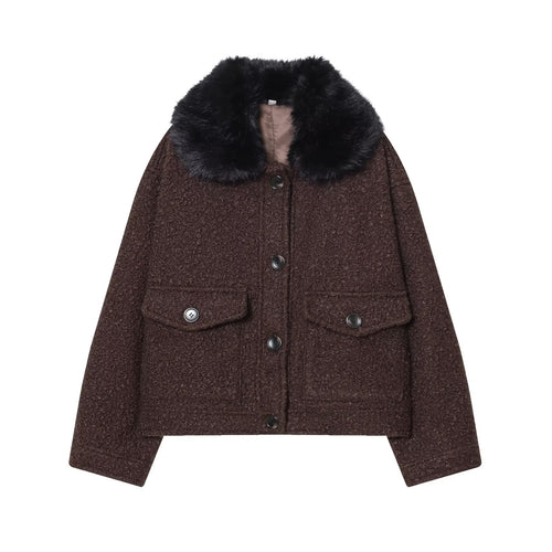 Damen Cropped Bouclé-Jacke mit weichem Kunstfellkragen und Pattentaschen Drune
