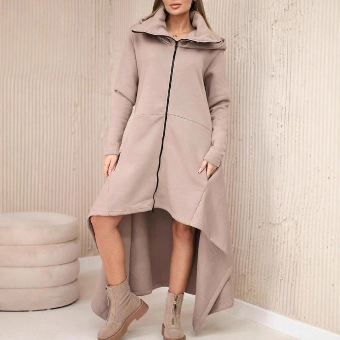 Damen nan asymmetrisches Sweatkleid mit hohem Stehkragen, durchgehendem Reißverschluss und verlängertem Rückensaum Drune