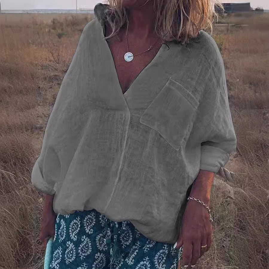Damen Oversized Leinen-Look Bluse mit tiefem V-Ausschnitt, aufgesetzter Brusttasche und hochgerollten Dreiviertelärmel Drune