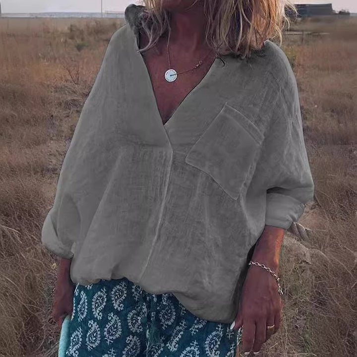 Damen Oversized Leinen-Look Bluse mit tiefem V-Ausschnitt, aufgesetzter Brusttasche und hochgerollten Dreiviertelärmel Drune