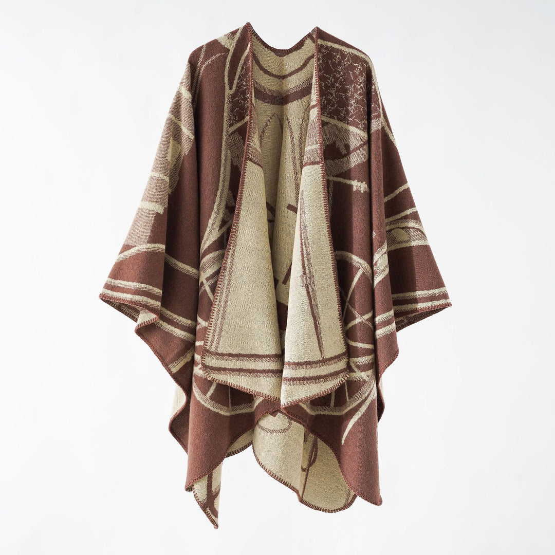 Damen Wollmix-Reversible Cape mit grafischem Jacquard und offenem Kimonofall Drune