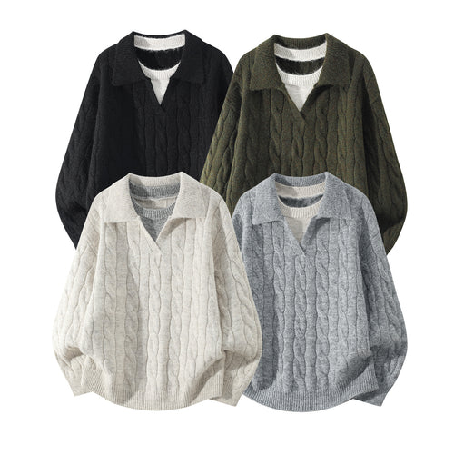 Damen Oversize Zopfmuster-Pullover mit offenem Polokragen & Layer‑Look Drune