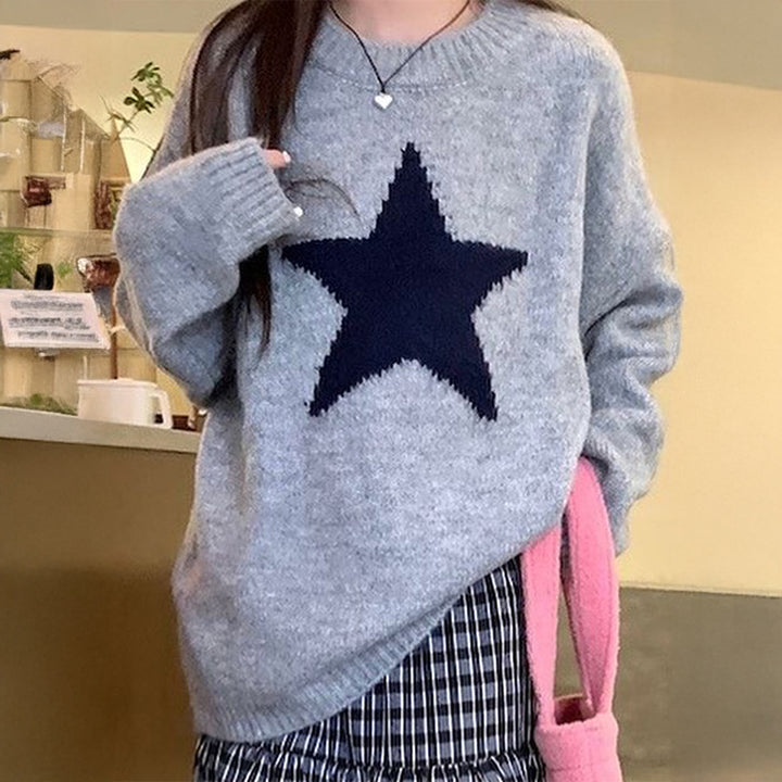 Damen nan oversized Strickpullover mit markantem Sternmotiv, Rundhalsausschnitt und gerippten Bündchen Drune