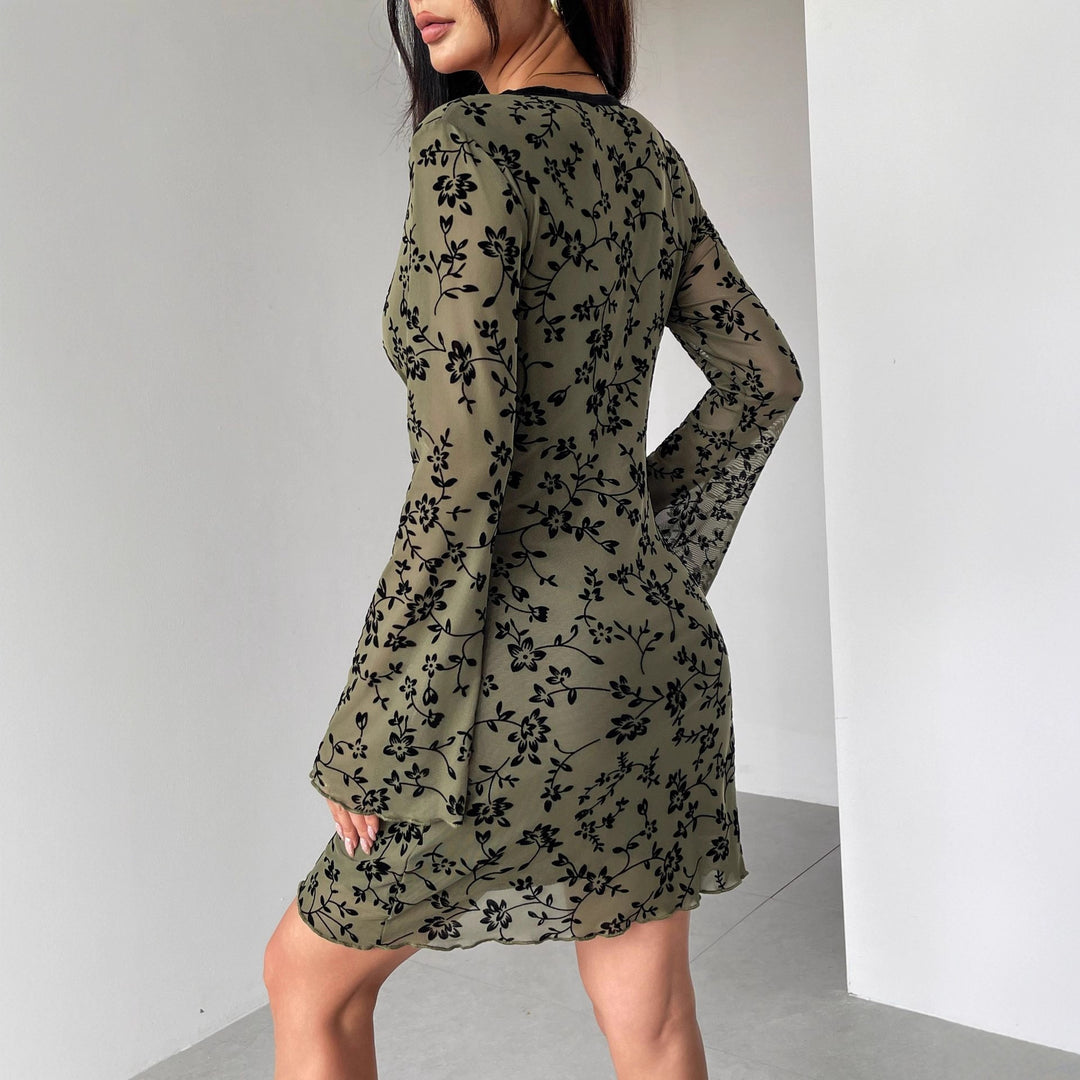 Damen nan tailliertes Netzstoff-Minikleid mit Samtflock-Blütenmuster, tiefem V-Ausschnitt und Schleifenapplikation Drune