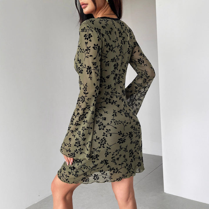 Damen nan tailliertes Netzstoff-Minikleid mit Samtflock-Blütenmuster, tiefem V-Ausschnitt und Schleifenapplikation Drune