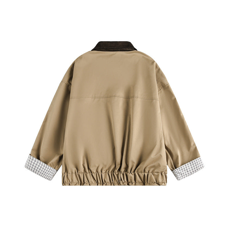 Unisex Kurz geschnittene Boxy‑Blousonjacke mit Cordkragen und kariertem Ärmelumschlag Drune