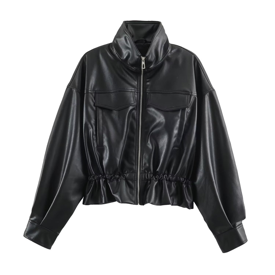 Damen Kurzer Oversize Kunstleder-Bomber mit Stehkragen, Pattentaschen und Kordelzug Drune