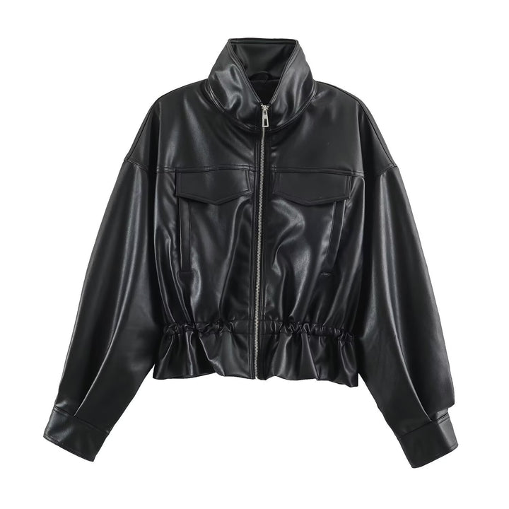 Damen Kurzer Oversize Kunstleder-Bomber mit Stehkragen, Pattentaschen und Kordelzug Drune