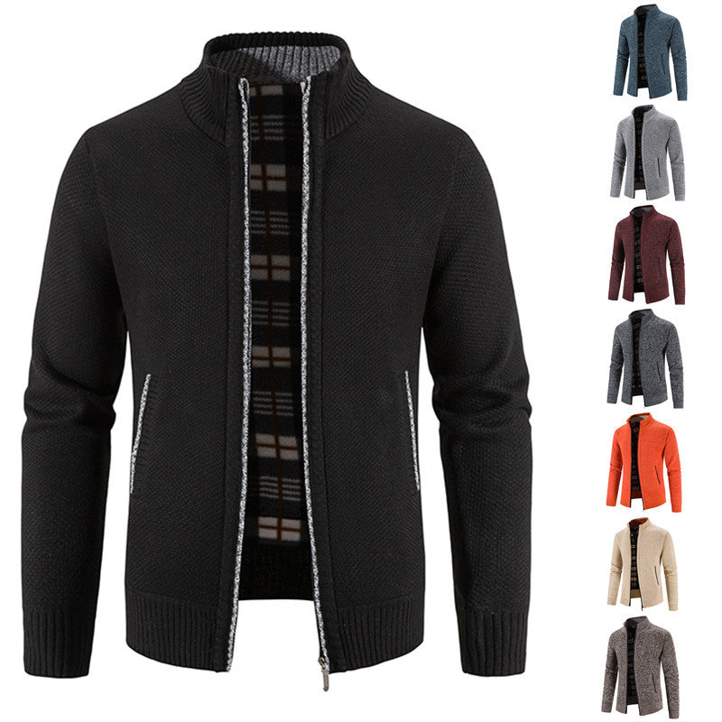 Herren nan Strickjacke mit durchgehendem Reißverschluss, Stehkragen und kariertem Futter Drune