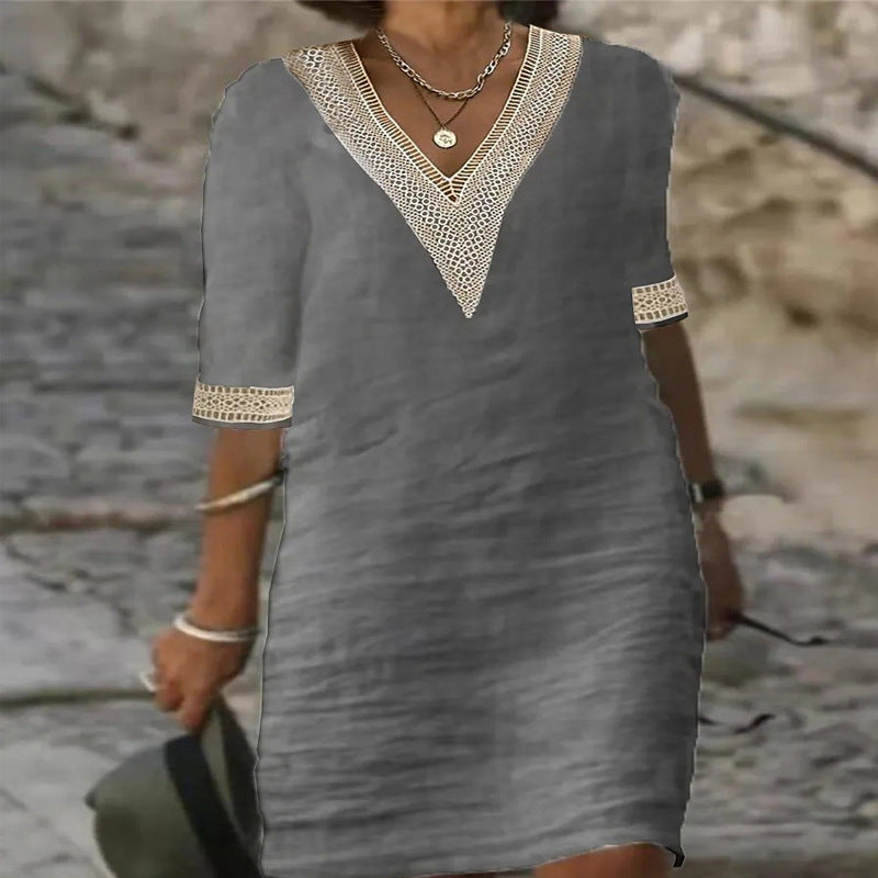 Damen Leichtes Leinen-Midikleid mit V-Ausschnitt und Häkelspitzenbesatz Drune