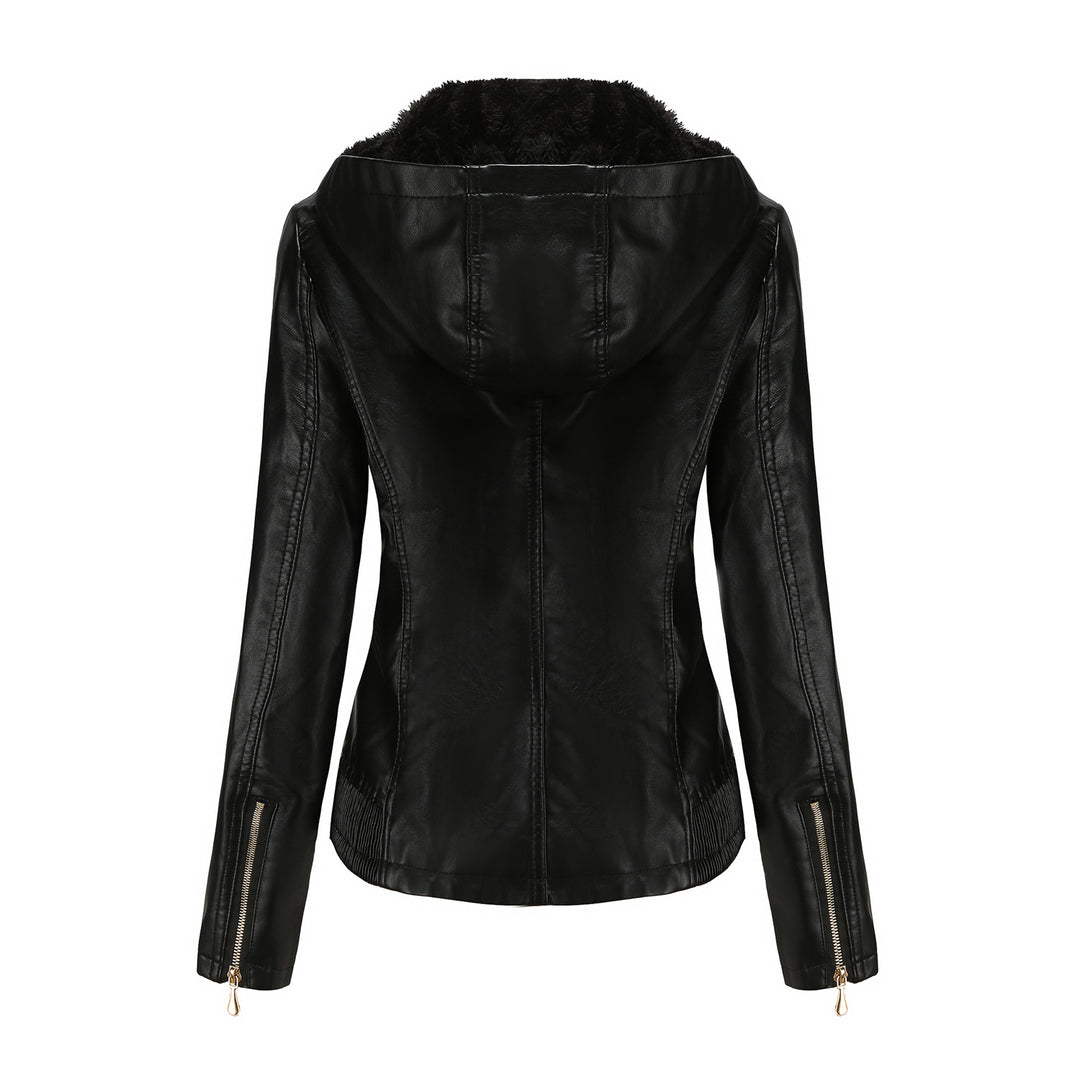 Damen nan taillierte Kunstlederjacke mit Kapuze, wattiertem Innenfutter und verdeckten Reißverschlusstaschen Drune