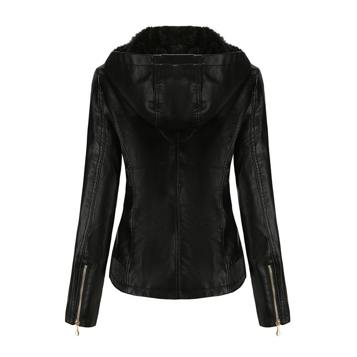 Damen nan taillierte Kunstlederjacke mit Kapuze, wattiertem Innenfutter und verdeckten Reißverschlusstaschen Drune
