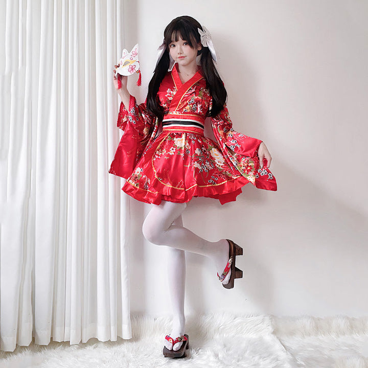 Damen Kimono-Kleid mit eleganter Schärpe und weitem Ärmel Drune