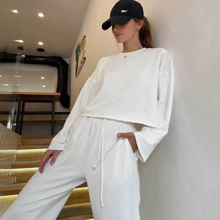 Damen lässiges Oversize-Lounge-Set mit weitem Crewneck-Sweater und elastischer Kordelbund-Jogginghose Drune