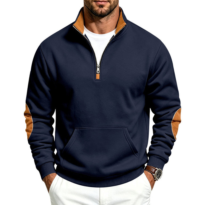 Herren Troyer-Pullover mit halbem Reißverschluss, Kängurutasche und Ellbogen-Patches Drune
