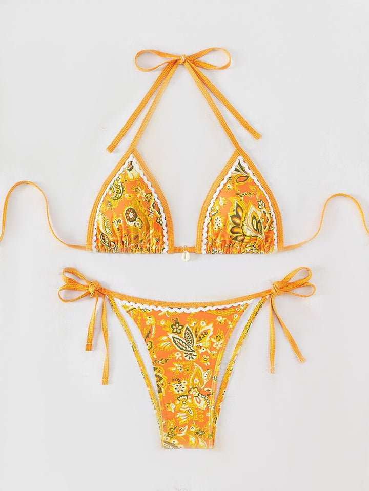 Damen Triangel-Bikini-Set mit verspieltem Blumenmuster und verstellbaren Bindebändern Drune