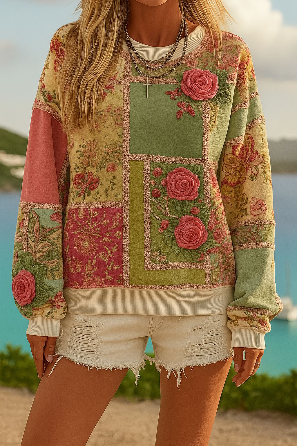 Damen Gemustertes Oversize-Sweatshirt mit dreidimensionalen Rosenapplikationen und Rippbündchen Drune