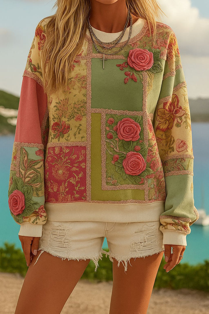 Damen Gemustertes Oversize-Sweatshirt mit dreidimensionalen Rosenapplikationen und Rippbündchen Drune