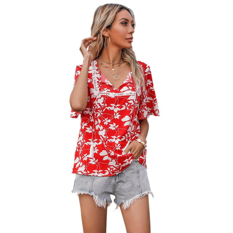 Damen Bluse mit floralem Muster und elegantem V-Ausschnitt Drune