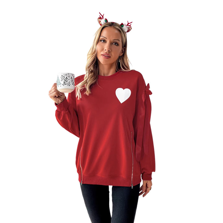 Damen Weihnachtlicher Sweatshirtpullover mit Herzapplikation und Seitenschleifen Drune