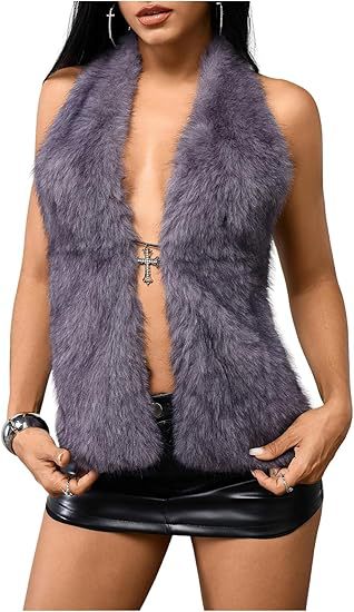 Damen Ärmelloses Cropped-Kunstpelz-Set mit Minirock und flauschigen Stulpen Drune