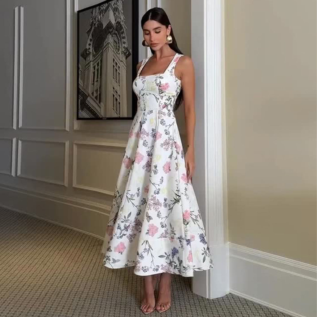 Damen Maxikleid mit quadratischem Ausschnitt und zartem Blumenmuster Drune