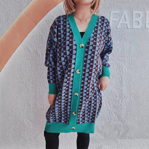 Damen lässiger Strickcardigan mit modernem geometrischem Muster und praktischen Taschen Drune