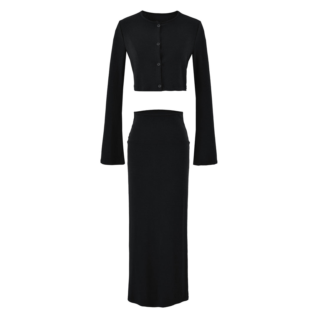 Damen Kurzgeschnittenes Set aus Feinstrick mit Knopfcardigan und figurbetontem Maxirock Drune