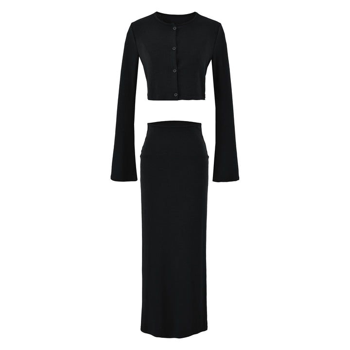 Damen Kurzgeschnittenes Set aus Feinstrick mit Knopfcardigan und figurbetontem Maxirock Drune