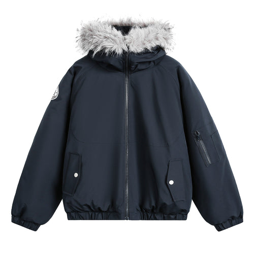 Damen Wattierte Bomberjacke mit Kapuze, Kunstfellkragen und elastischem Saum Drune