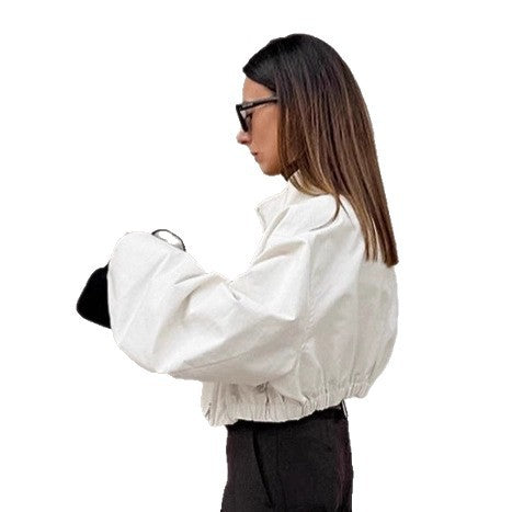 Damen Modische Kurzjacke mit hohem Kragen und voluminösen Ärmeln Drune