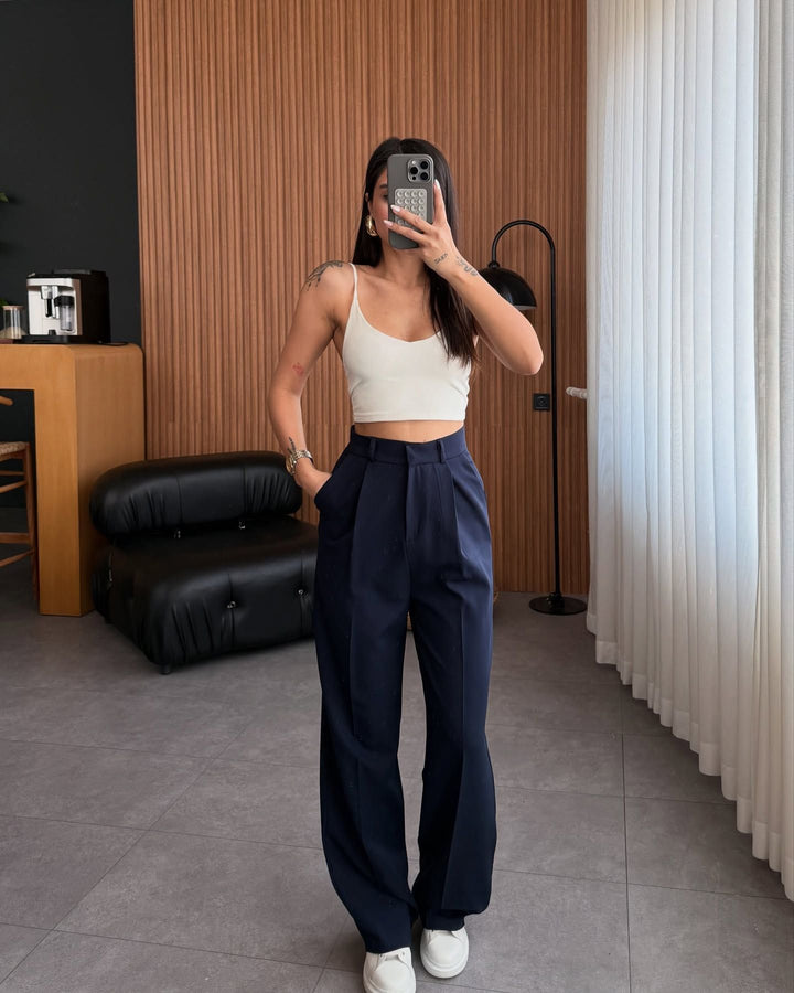 Damen hochgeschnittene Stoffhose mit geradem Bein Drune