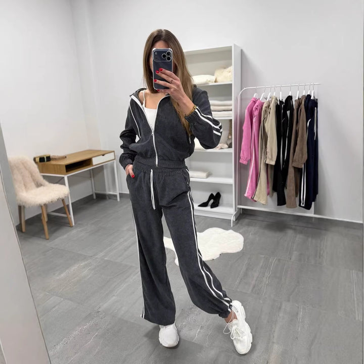 Damen Cord-Jogginganzug mit Kapuze, seitlichen Kontraststreifen, Tunnelzug und elastischen Saumbündchen Drune