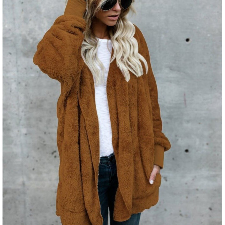 Damen Oversize Teddy‑Fleece‑Mantel mit offener Front, Eingrifftaschen und Rippbündchen Drune