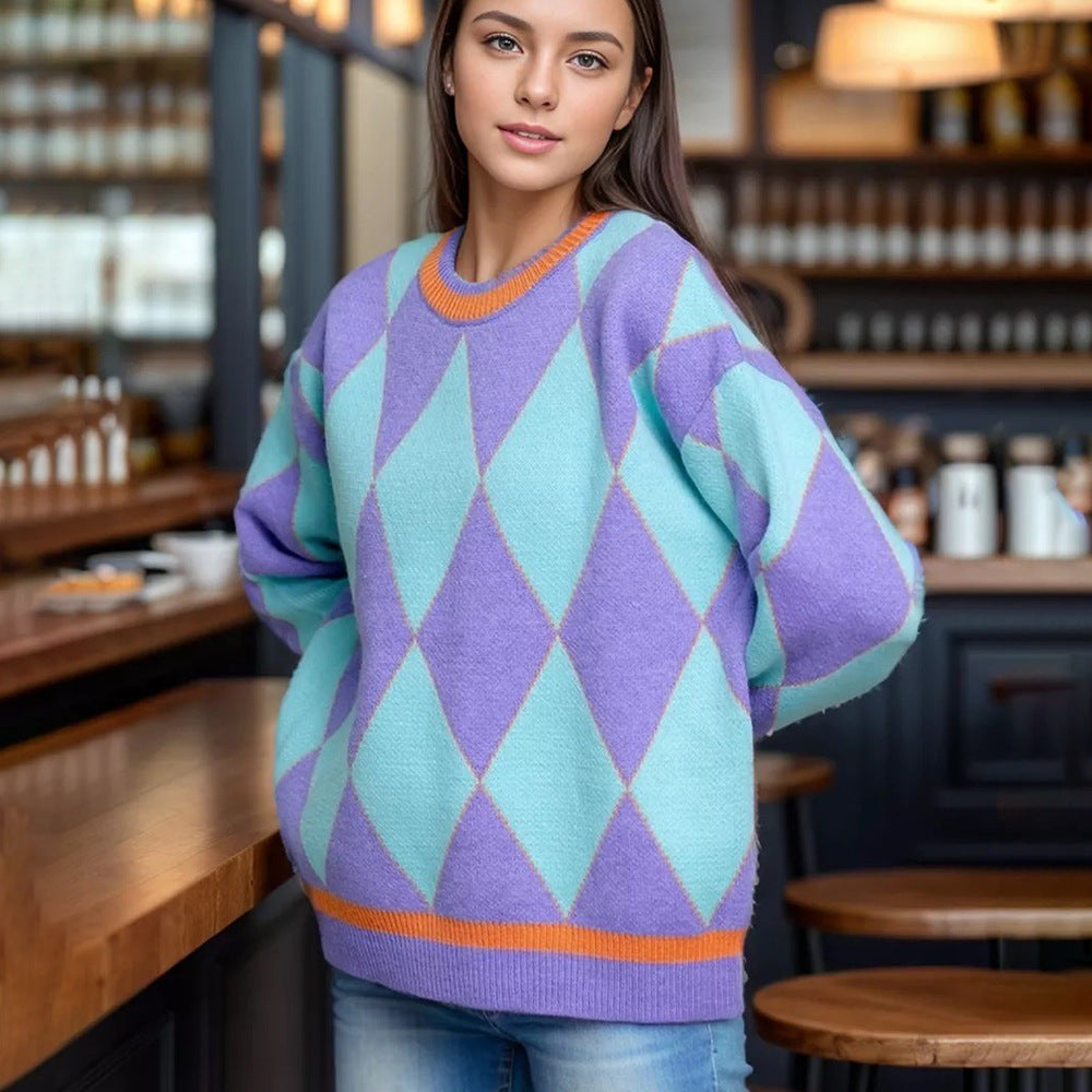 Damen Grobstrickpullover mit diamantförmigem Muster und lebendigen Farbakzenten Drune